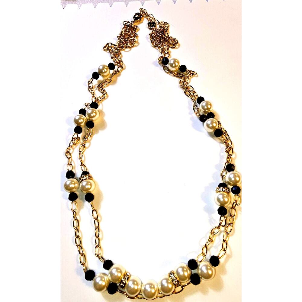 Talbot's 2 Layer Gold Tone Chain Faux Pearl Black Bead Necklace
